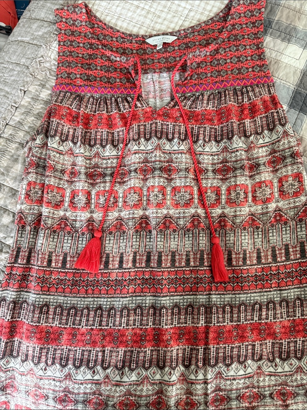Lucky Brand Red and Cream Boho Tassel Skirt
